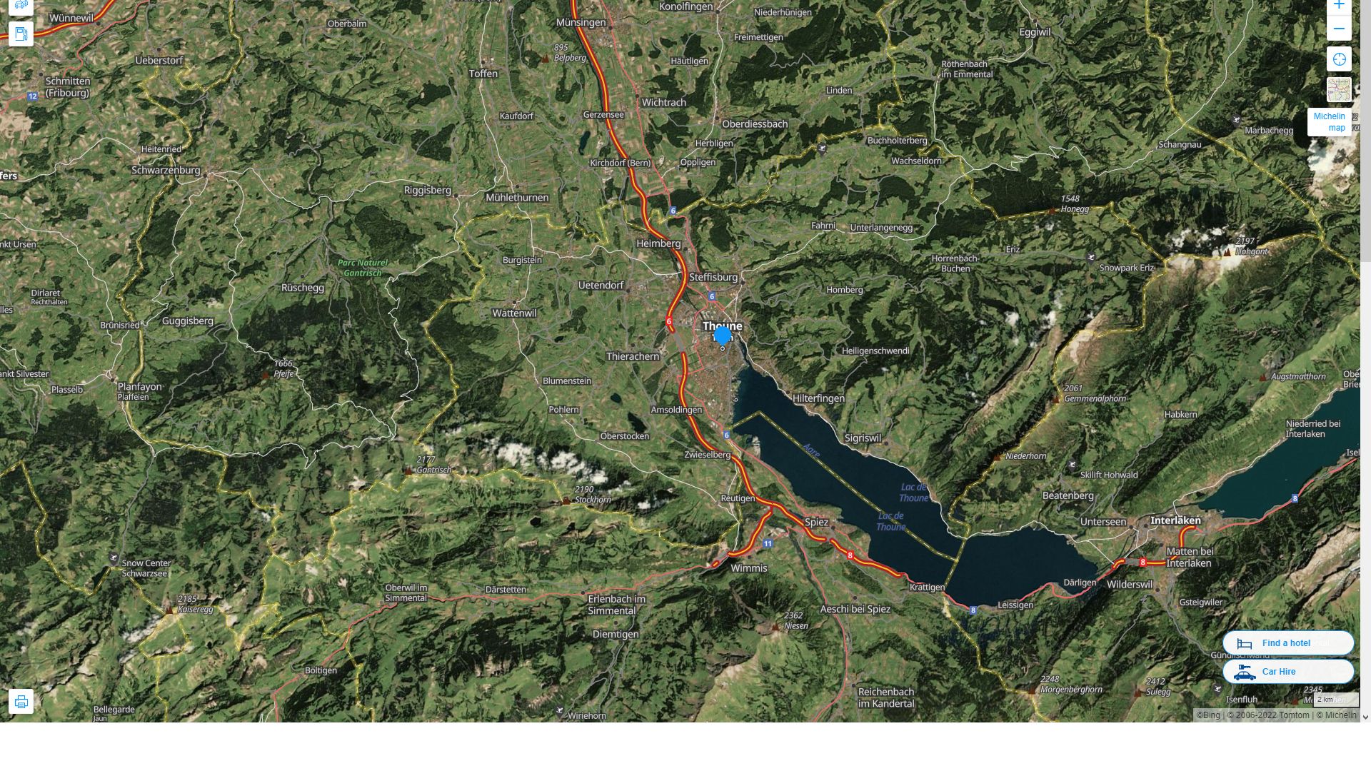 Thun Suisse Autoroute et carte routiere avec vue satellite
